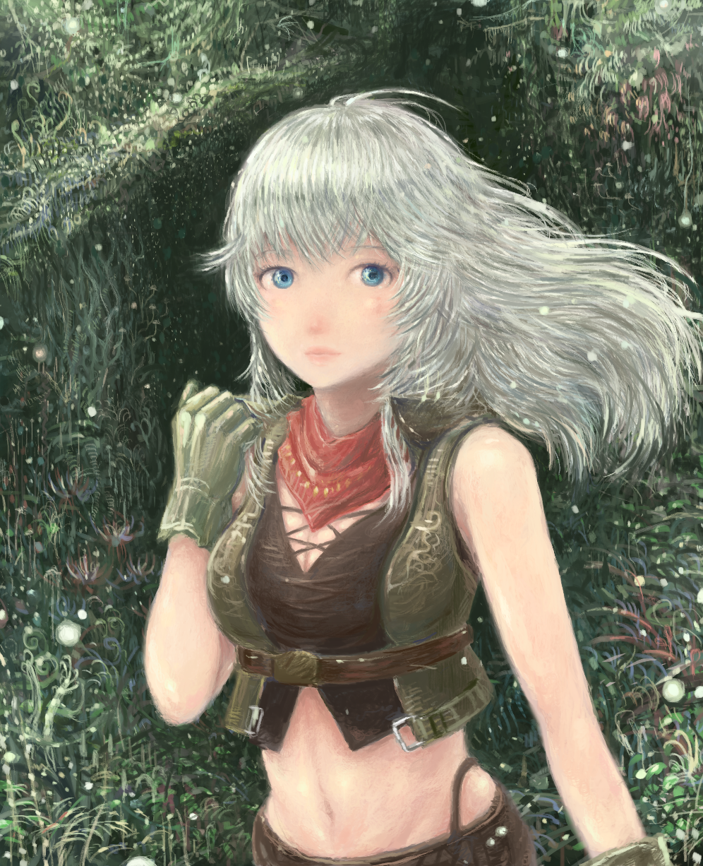 blue_eyes, coyubi, fuuka_(sennen_sensou_aigis), gloves, green_gloves, highres, midriff, navel