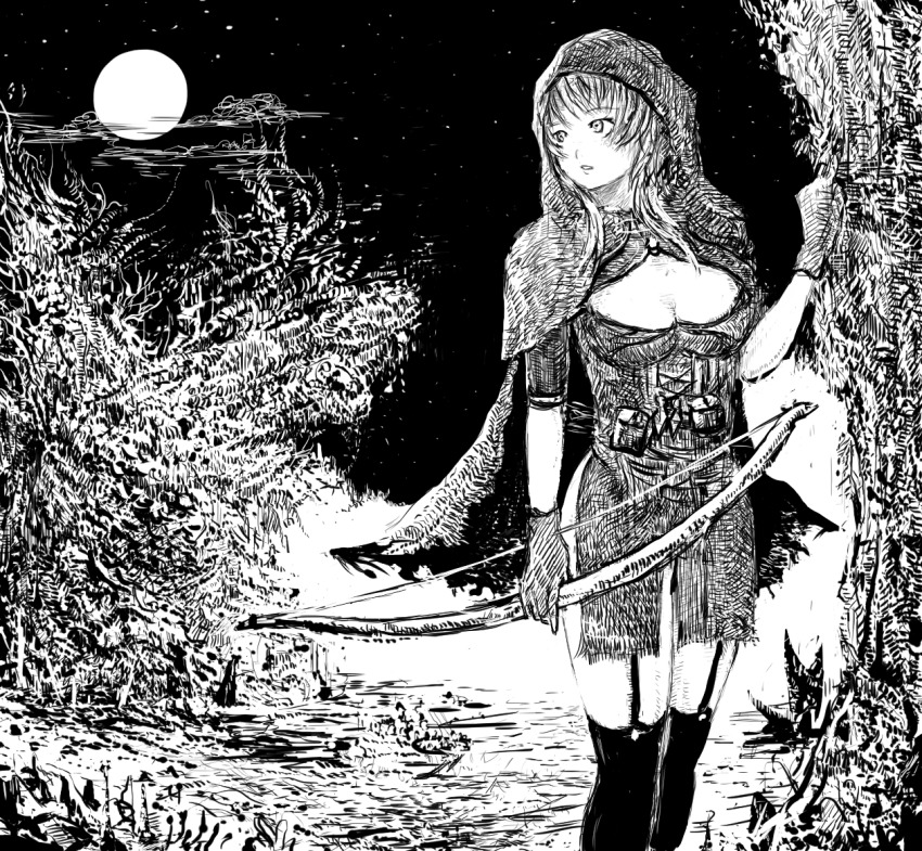 1girl, black_gloves, black_thighhighs, breasts, cleavage, coyubi, female_focus, full_moon