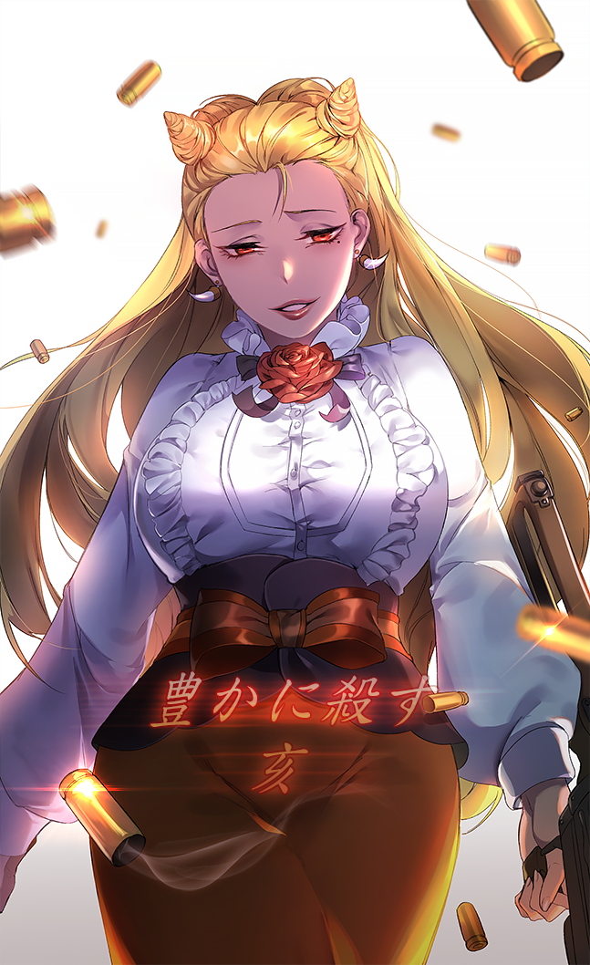 1girl, blonde_hair, blouse, breasts, cone_hair_bun, earrings, female_focus, flower, gradient_background, gun, hair_bun, inou_toshiko, jewelry, juuni_taisen, large_breasts, lipstick, long_hair, looking_at_viewer, makeup, mole, mole_under_eye, nok_(vasabello), orange_eyes, shirt, simple_background, smile, solo, standing, weapon, white_background