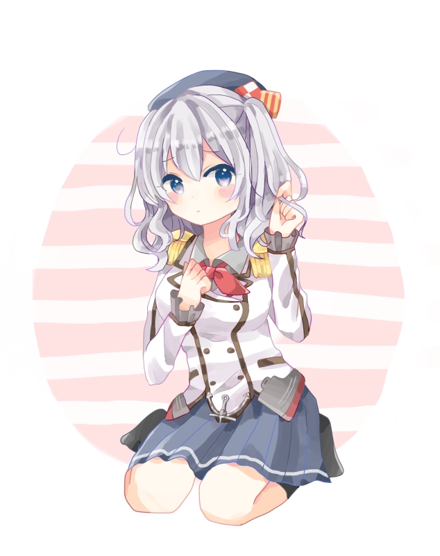 1girl, beret, blue_eyes, breasts, buttons, commentary_request, epaulettes, female_focus, frilled_sleeves, frills, gloves, hat, kantai_collection, kashima_(kancolle), kerchief, large_breasts, long_sleeves, looking_at_viewer, military, military_uniform, miniskirt, pleated_skirt, seiza, seuyu_majin, silver_hair, sitting, skirt, solo, twintails, wavy_hair, white_gloves