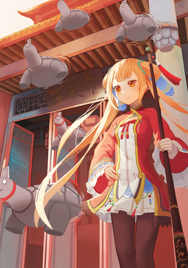 architecture, blonde_hair, east_asian_architecture, flying_turtle, hair_ornament, hand_on_own_hip, holding, holding_staff, long_hair, qianjing, ribbon, skirt, smile, solo, staff, standing, temple, turtle, yellow_eyes