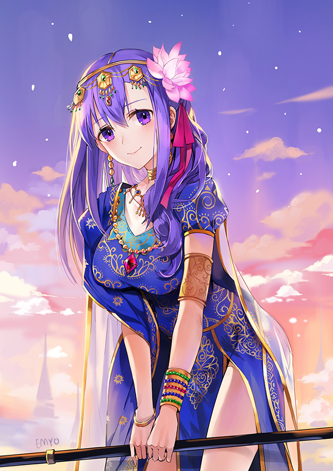 1girl, asian_indian_clothes, breasts, cloud, cloudy_sky, earrings, emyo, fate/grand_order, fate_(series), female_focus, flower, hair_flower, hair_ornament, jewelry, large_breasts, long_hair, looking_at_viewer, necklace, parvati_(fate), parvati_(final_ascension)_(fate), purple_eyes, purple_hair, sky, smile, solo, twilight