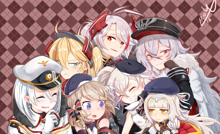 6+girls, admiral_hipper_(azur_lane), ahoge, azur_lane, black_gloves, blonde_hair, blue_eyes, closed_eyes, commentary_request, dated, gloves, graf_zeppelin_(azur_lane), green_eyes, hair_between_eyes, hat, highres, long_hair, looking_at_viewer, military, military_hat, military_uniform, mizuki_(1054311109), mole, mole_under_eye, multiple_girls, naval_uniform, peaked_cap, prinz_eugen_(azur_lane), red_eyes, smile, tirpitz_(azur_lane), white_gloves, white_hair, yellow_eyes, z1_leberecht_maass_(azur_lane), z23_(azur_lane), z46_(azur_lane)
