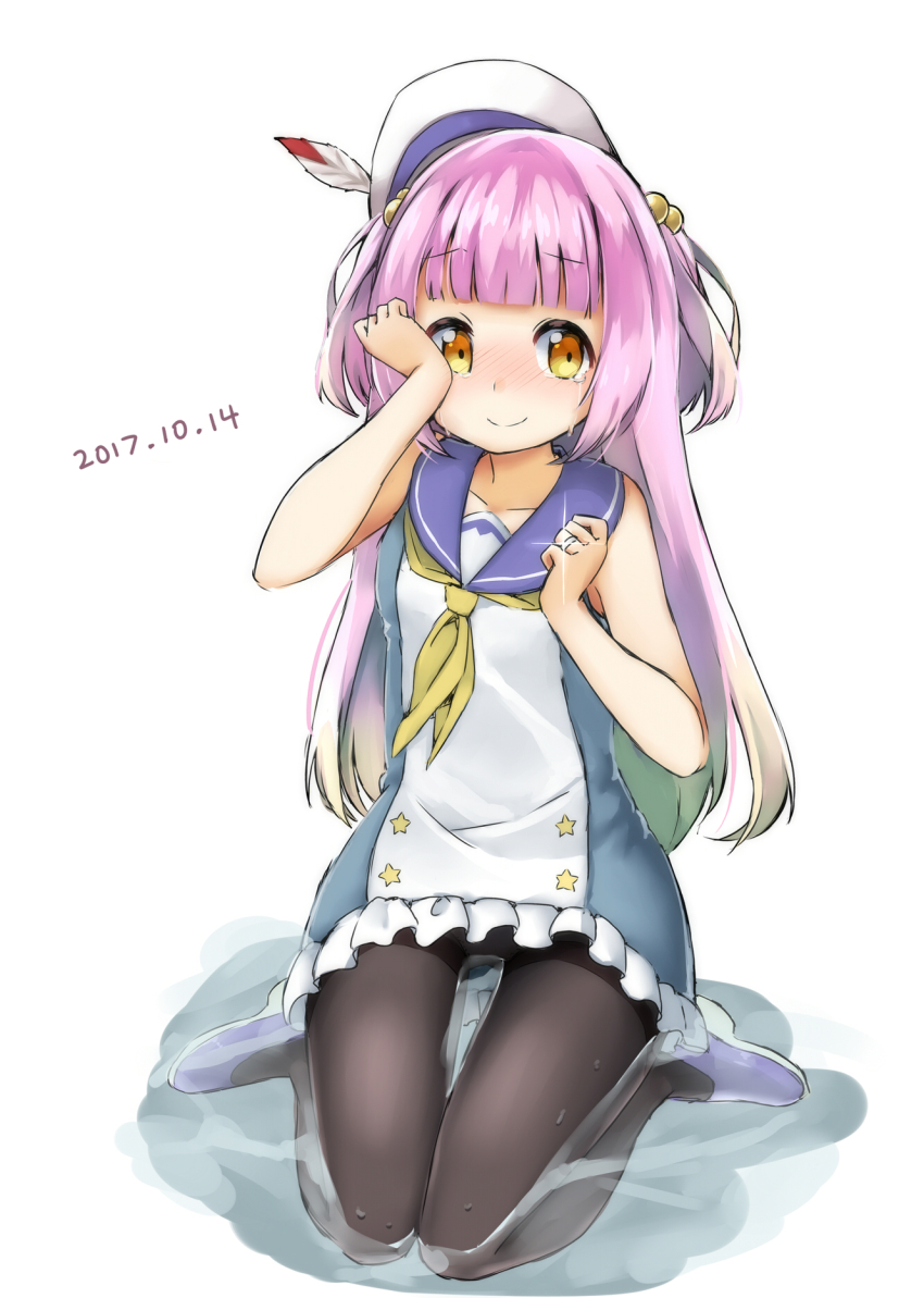 1girl, azur_lane, bare_arms, beret, black_pantyhose, blue_shoes, blunt_bangs, blush