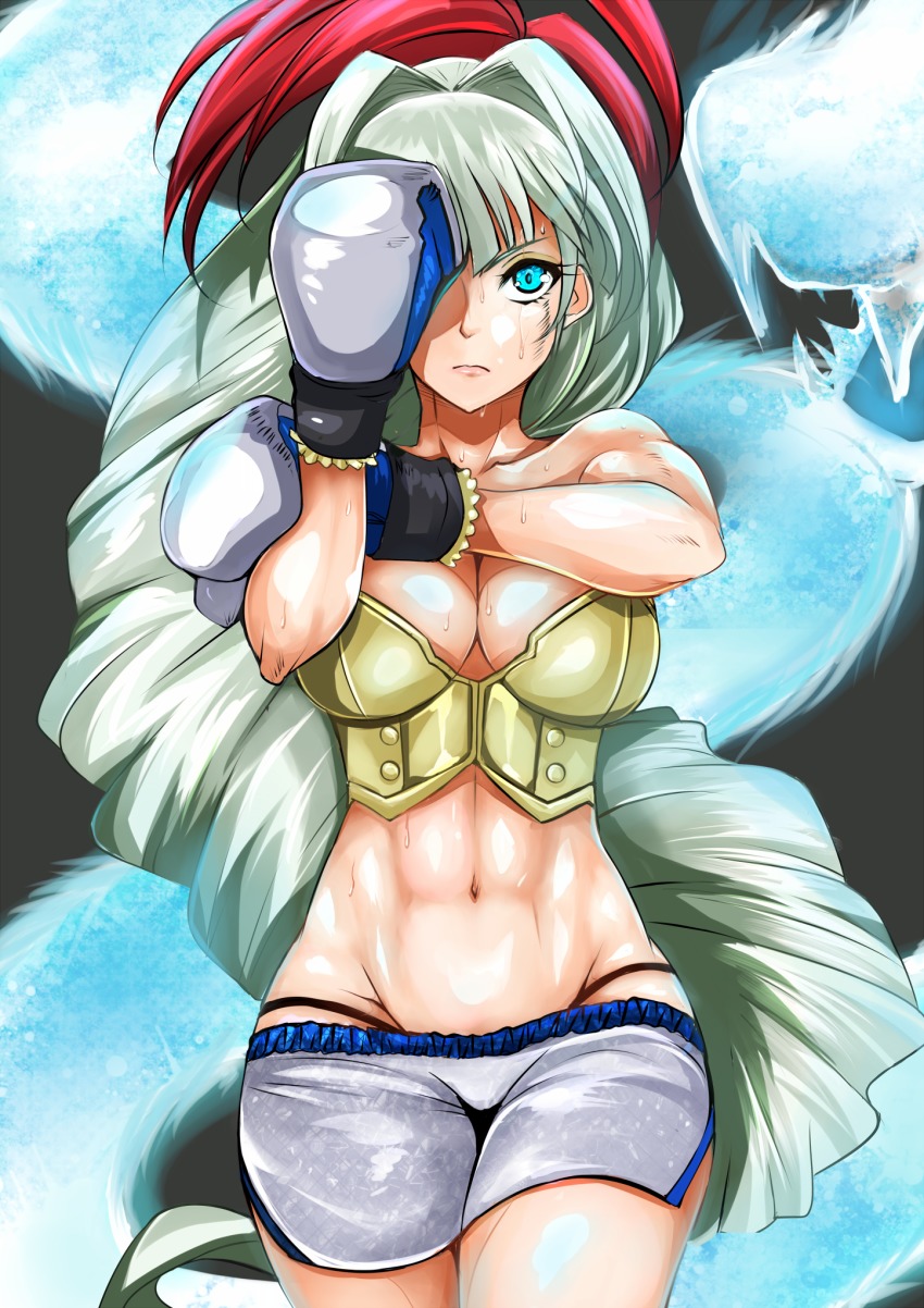 1girl, abs, bare_shoulders, blocking, blue_eyes, boxing_gloves, breasts, bustier