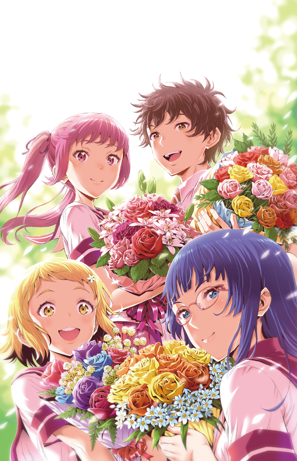 1boy, 3girls, :d, backlighting, blonde_hair, blue_eyes, blue_flower, blue_hair