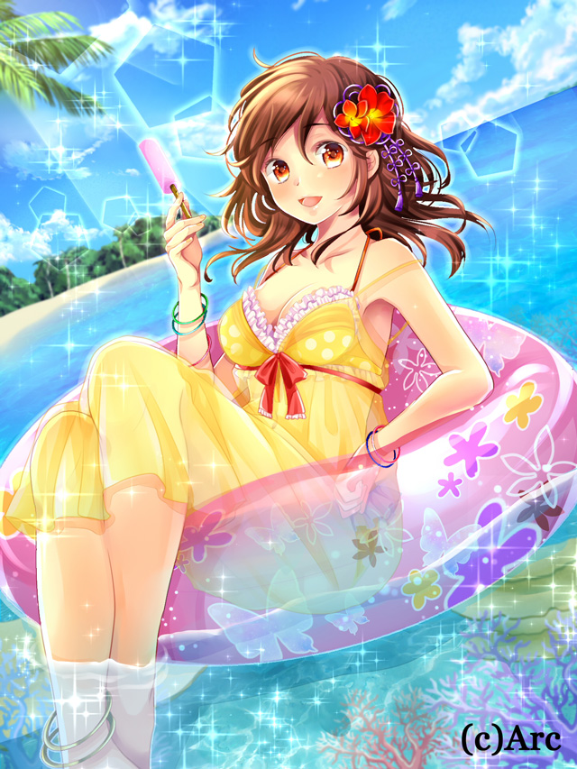 1girl, anklet, beach, blue_sky, breasts, brown_eyes, brown_hair, coral