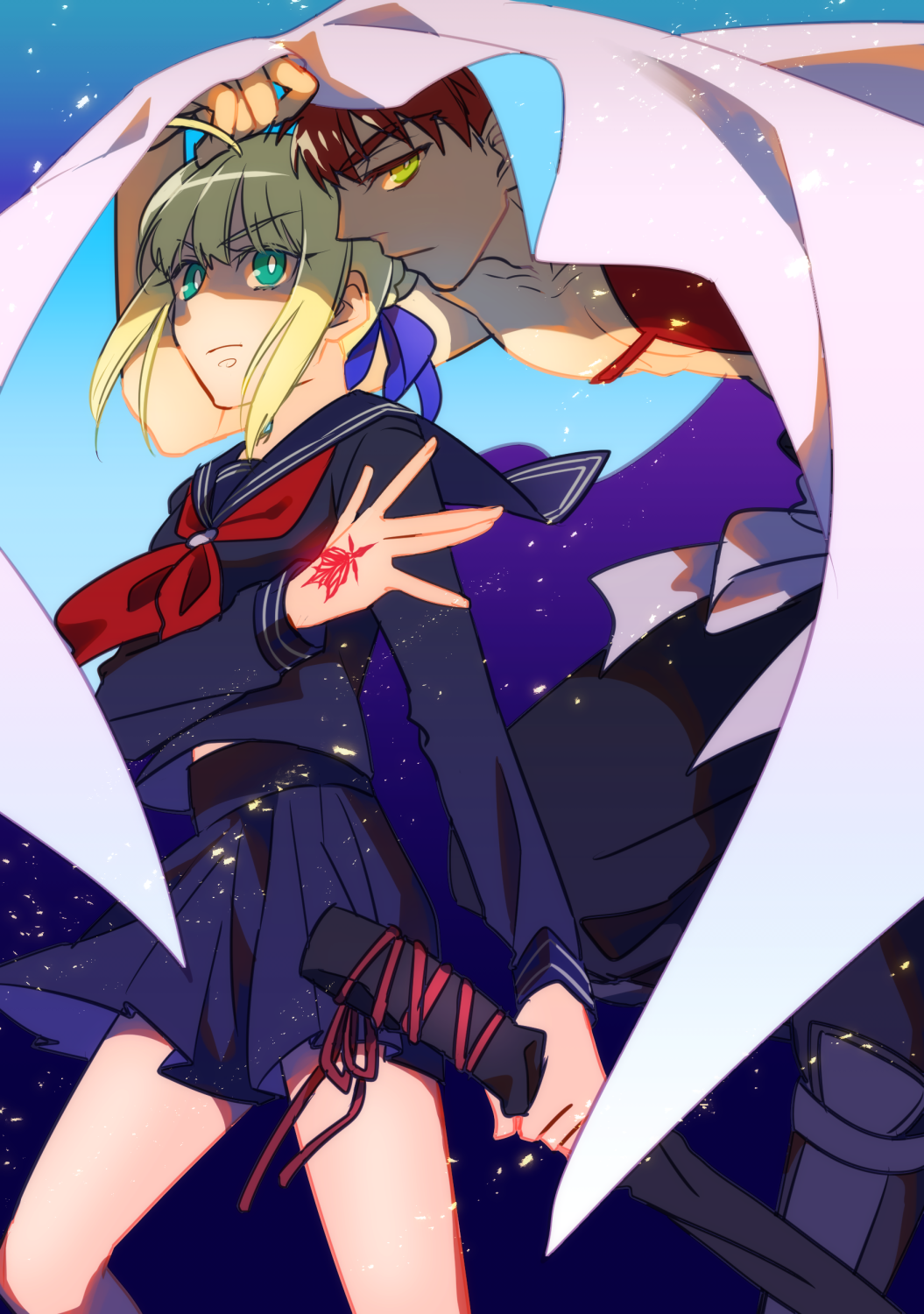 ahoge, aqua_eyes, armor, artoria_pendragon_(fate), bare_pectorals, blonde_hair, cape, capsule_servant, collarbone, command_spell, emiya_shirou, fate/grand_order, fate_(series), gohan_kimi, hair_ribbon, highres, igote, limited/zero_over, long_sleeves, looking_at_viewer, master_artoria, orange_hair, pectorals, ribbon, role_reversal, school_uniform, serafuku, short_hair, skirt, weapon, weapon_bag, yellow_eyes