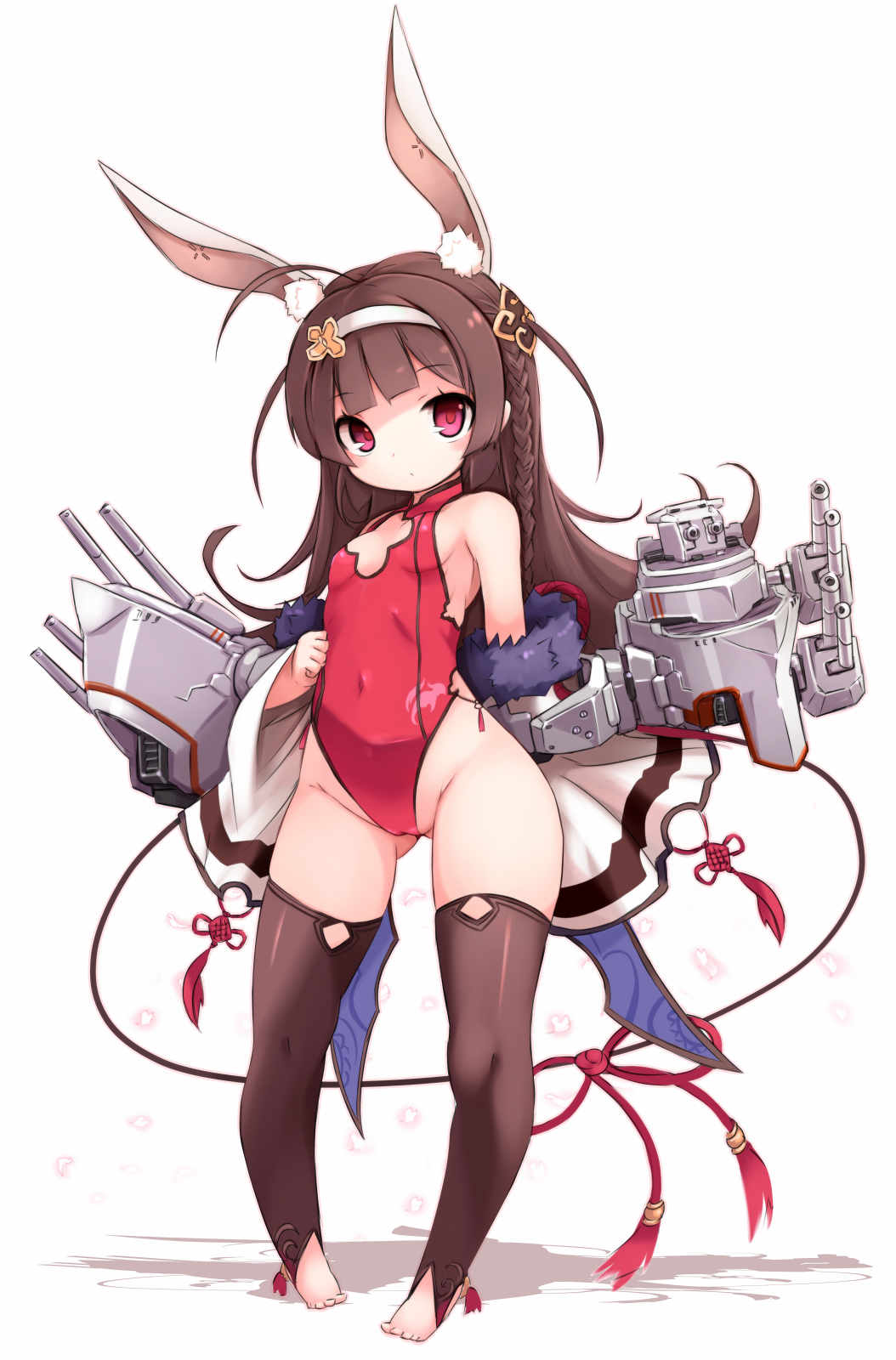1girl, adapted_costume, animal_ears, azur_lane, barefoot, black_eyes, black_hair, braid