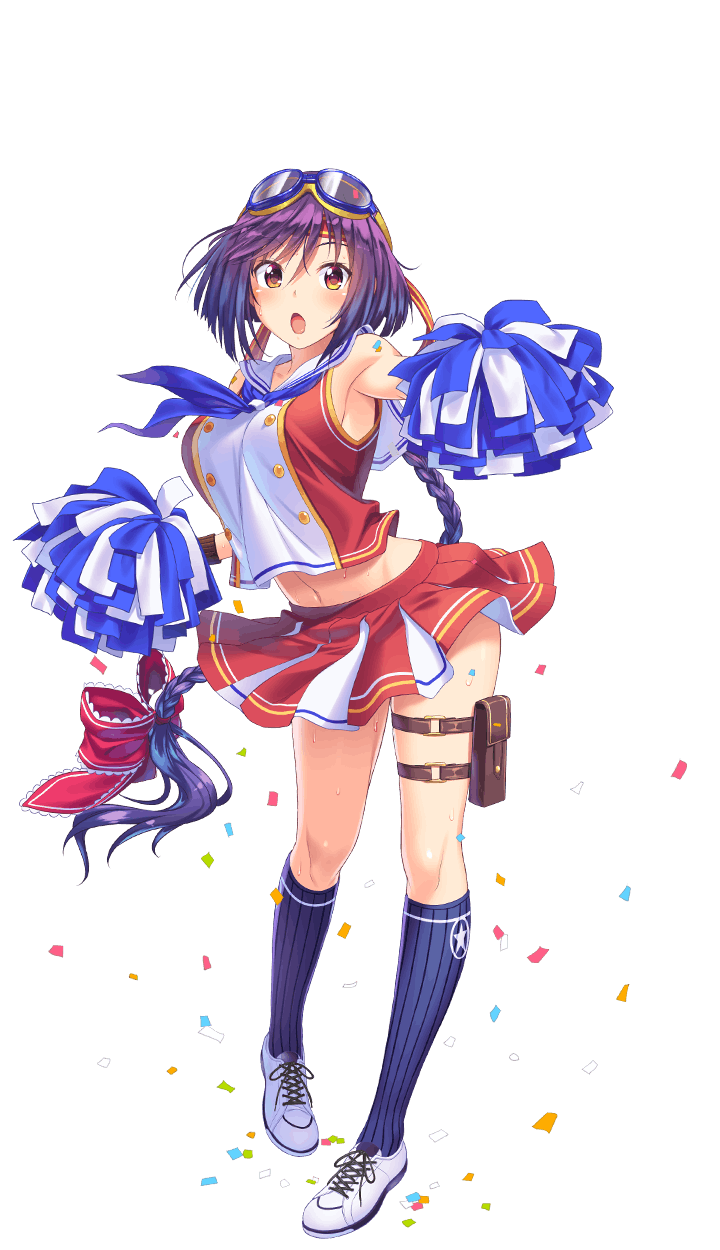 1girl, :o, bare_shoulders, blue_legwear, blue_neckwear, braid, breasts, cheerleader