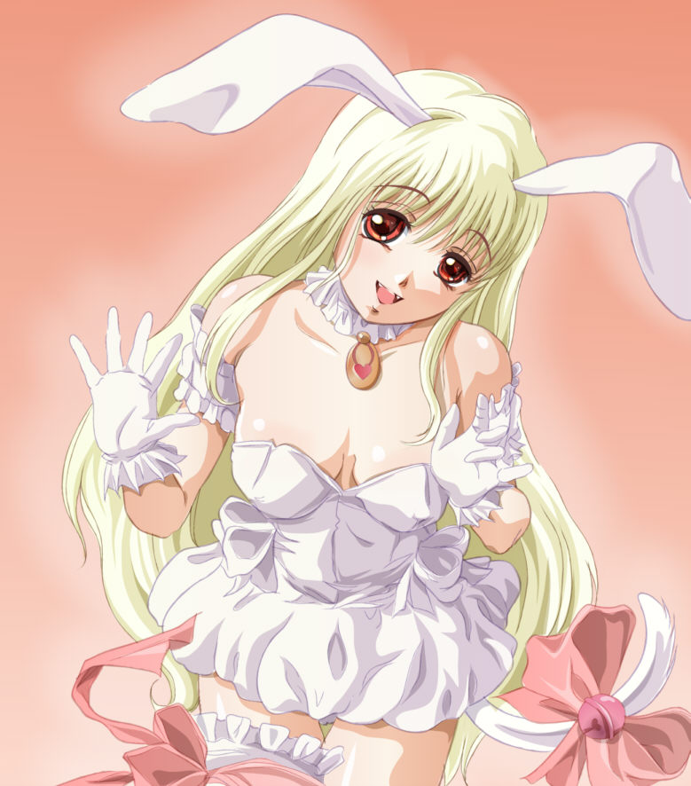00s, 1girl, animal_ears, arm_garter, bell, blonde_hair, bow, choker, female_focus, frilled_legwear, gloves, jingle_bell, leotard, long_hair, magical_girl, mew_berry, orange_eyes, rabbit_ears, shirayuki_berii, shirayuki_berry, solo, tail, tail_bell, tail_ornament, tokyo_mew_mew, tokyo_mew_mew_a_la_mode