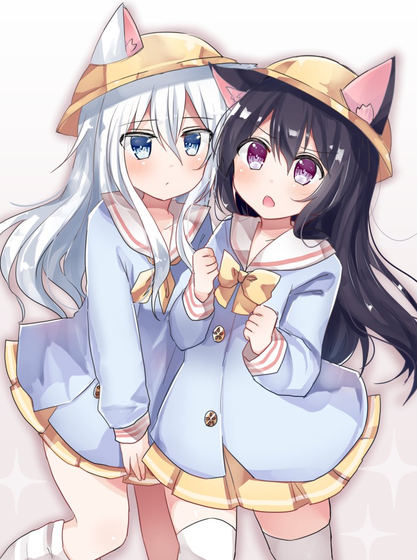2girls, absurdres, akatsuki_(kancolle), animal_ear_fluff, animal_ears, azur_lane, black_hair, blouse