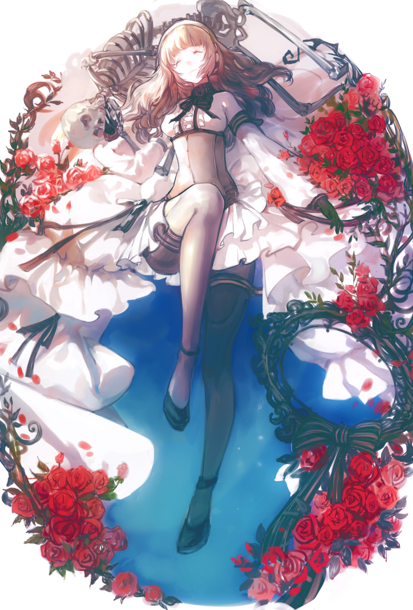 1girl, absurdres, armband, black_bow, black_footwear, black_gloves, bow, brown_hair