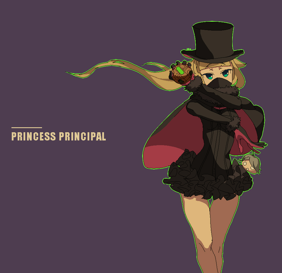 2girls, ange_(princess_principal), ange_(princess_principal)_(cosplay), aura, black_cape, black_gloves, black_hat, blonde_hair