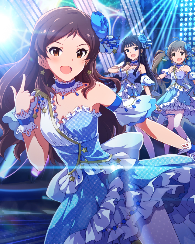 3girls, ahoge, artist_request, bare_shoulders, black_hair, blue_dress, blue_eyes, blue_flower, blue_rose, blush, breasts, brown_eyes, brown_hair, collarbone, crescendo_glitter, dancing, detached_sleeves, dress, earrings, eyelashes, flower, frilled_dress, frills, hair_flower, hair_ornament, hakozaki_serika, idol, idolmaster, idolmaster_million_live!, idolmaster_million_live!_theater_days, jewelry, kitazawa_shiho, long_hair, looking_at_viewer, mogami_shizuka, multiple_girls, official_art, open_mouth, pantyhose, rose, small_breasts, smile, stage, star_(symbol), star_earrings, twintails, wrist_cuffs