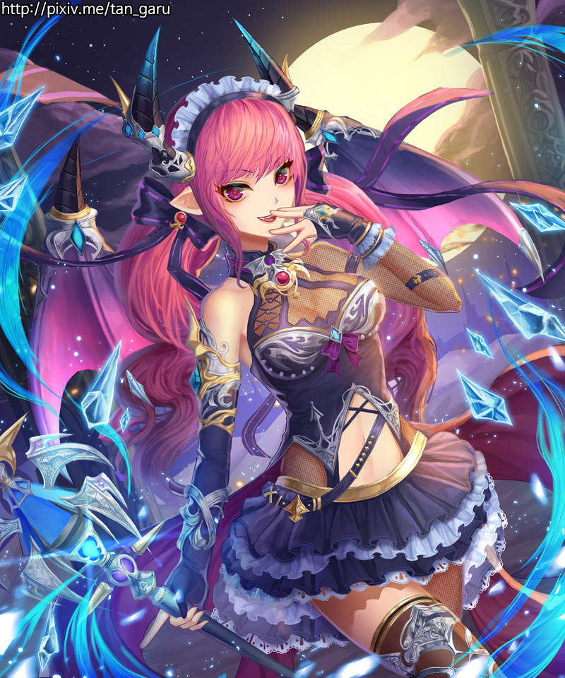 1girl, :d, black_gloves, breasts, brown_legwear, cleavage, demon_horns, demon_wings