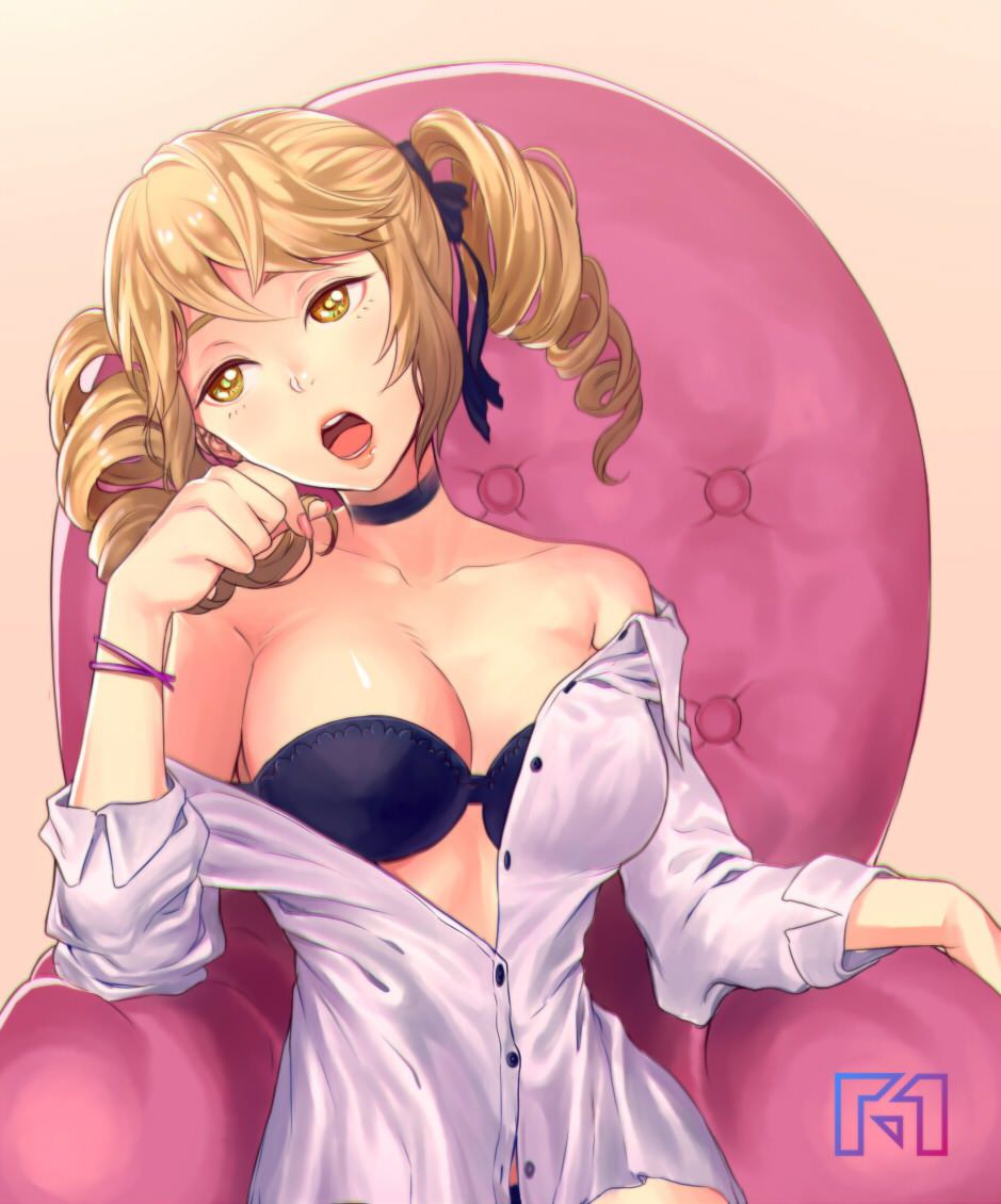 1girl, aisha_(king's_raid), armchair, black_bra, black_panties, black_ribbon, blonde_hair, blouse