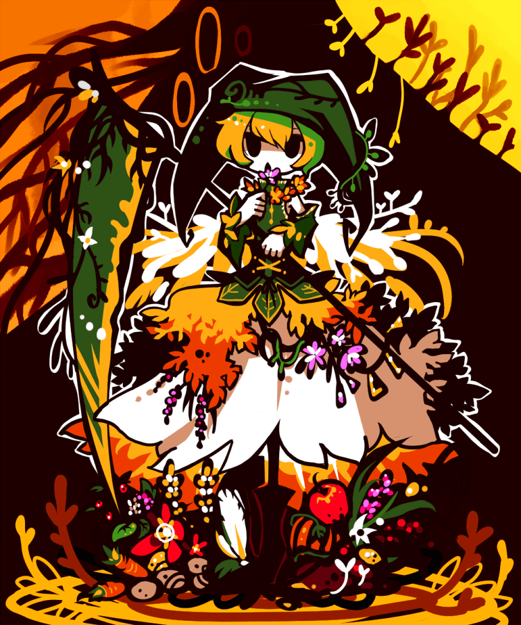 1boy, :o, adapted_costume, alternate_costume, alternate_eye_color, androgynous, angel_wings, apple, bare_shoulders, berry, black_eyes, black_ribbon, blonde_hair, bob_cut, boots, carrot, chestnut_mouth, corset, crossdressing, crossdressing_(mtf), detached_sleeves, elona, facing_viewer, feathered_wings, feathers, flower, flower_necklace, food, fruit, full_body, green_hat, green_shirt, hair_between_eyes, hat, holding, holding_flower, holding_scythe, holding_weapon, jester_cap, jewelry, karasuuri_(catamari_va), kumiromi_of_harvest, leaf, long_sleeves, male_focus, necklace, no_nose, open_mouth, outline, plant, ribbon, scythe, shirt, short_hair, skirt, sleeveless, sleeveless_shirt, sleeves_past_wrists, solo, standing, turtleneck, vines, weapon, wheat, white_outline, white_skirt, white_wings, wings