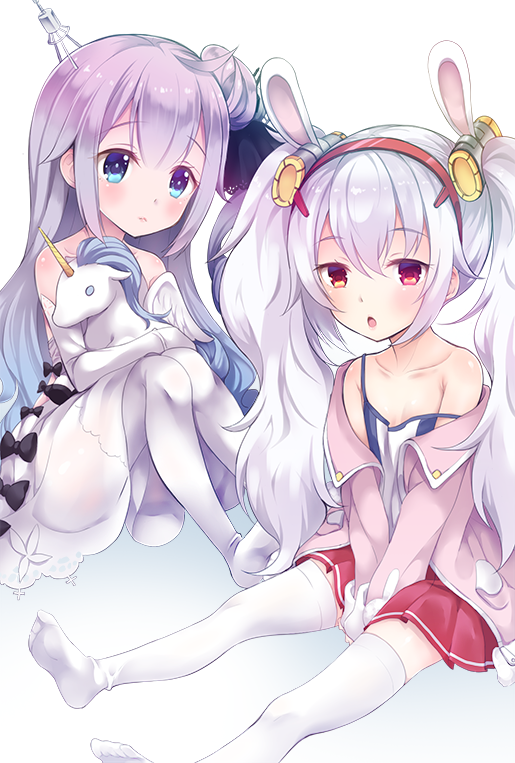 2girls, amu_enya, animal_ears, azur_lane, blue_eyes, collarbone, commentary_request, detached_sleeves