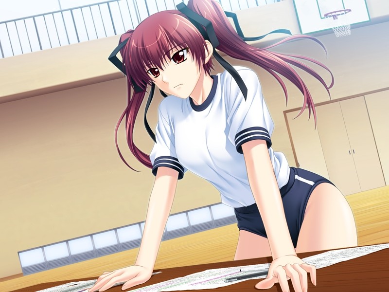 1girl, brown_hair, buruma, dutch_angle, female_focus, game_cg, gym, gym_uniform