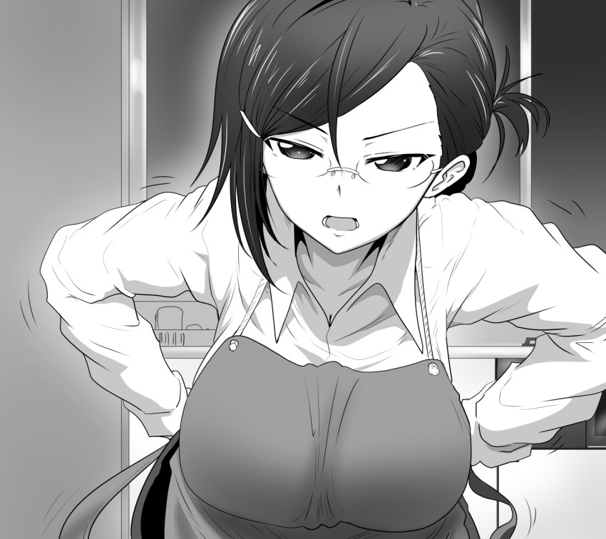 1girl, annoyed, apron, bad_id, bad_pixiv_id, breasts, commentary_request, female_focus