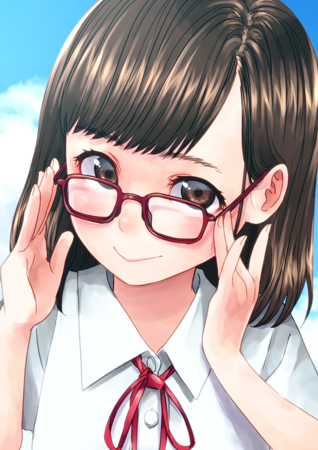 1girl, adjusting_eyewear, blue_sky, blunt_bangs, blush, bob_cut, brown_eyes, brown_hair