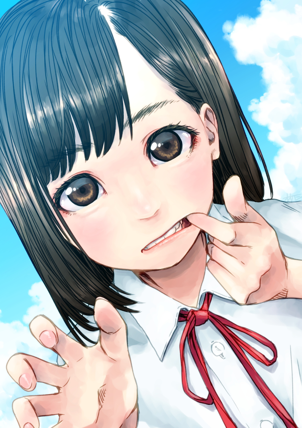 1girl, blue_sky, bob_cut, brown_eyes, brown_hair, buttons, close-up, cloud