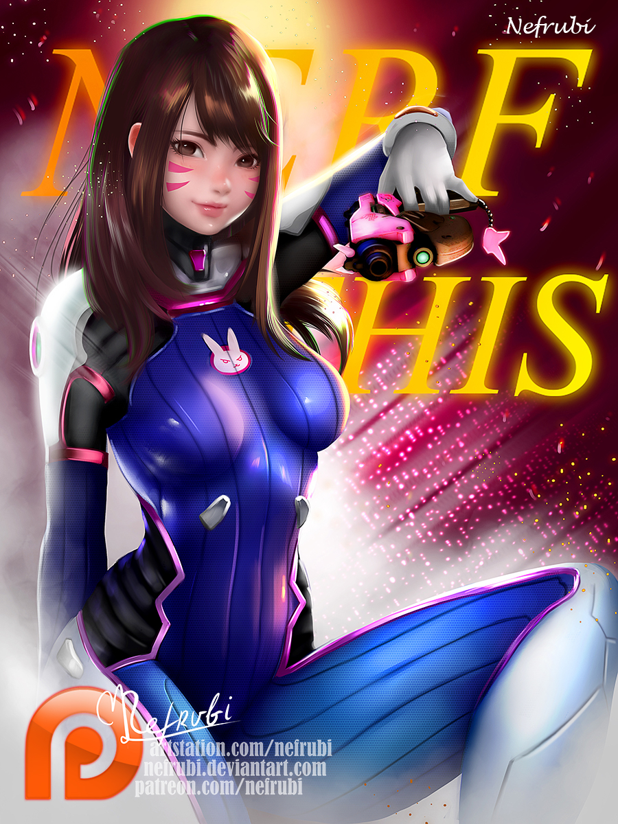 1girl, animal_print, armor, artist_name, backlighting, blue_bodysuit, bodysuit, breasts, brown_eyes, brown_hair, catching_bullet, charm_(object), cowboy_shot, d.va_(overwatch), facepaint, facial_mark, female_focus, gangsta_hold, gloves, gun, handgun, headphones, high_collar, highres, holding, holding_gun, holding_weapon, long_hair, looking_at_viewer, mecha_pilot_suit, medium_breasts, nefrubi, overwatch, overwatch_1, patreon_logo, pauldrons, pink_background, pink_lips, pistol, rabbit_print, ribbed_bodysuit, shoulder_armor, shoulder_pads, signature, skin_tight, solo, swept_bangs, watermark, weapon, web_address, whisker_markings, white_gloves