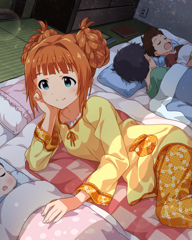 1girl, 3boys, artist_request, blue_eyes, blunt_bangs, braid, card_(medium), child