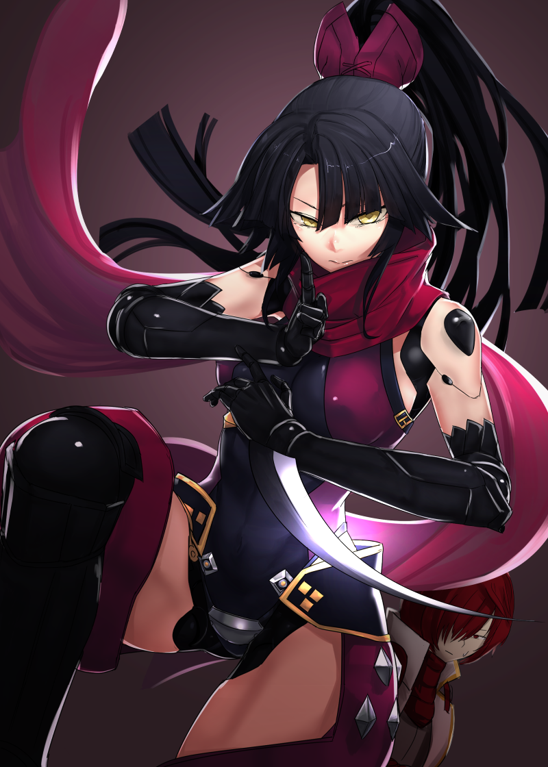 1boy, 1girl, android, arm_blade, black_hair, breasts, closed_mouth, cowboy_shot, fate/grand_order, fate_(series), fuuma_kotarou_(fate), fuuma_kotarou_(third_ascension)_(fate), hair_over_one_eye, high_ponytail, i-pan, joints, katou_danzou_(fate), kuji-in, leotard, looking_at_viewer, medium_breasts, mother_and_child, mother_and_son, parent_and_child, ponytail, prosthesis, prosthetic_arm, red_eyes, red_hair, red_scarf, robot_joints, scarf, weapon, yellow_eyes