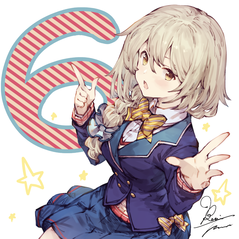 1girl, benitama, blue_skirt, bow, bowtie, braid, collared_shirt, female_focus