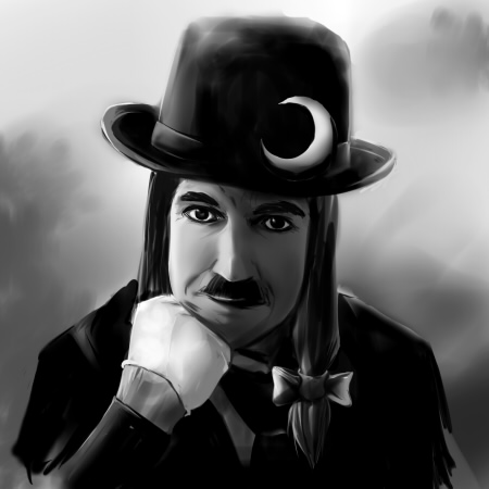 1boy, bad_id, bad_pixiv_id, charlie_chaplin, cosplay, crescent_hat_ornament, crescent_moon, facial_hair, greyscale, hat, hat_ornament, head_rest, looking_at_viewer, lowres, male_focus, monochrome, moon, mustache, parody, patchouli_knowledge, patchouli_knowledge_(cosplay), solo, touhou, tsuyuki, tsuyuki_(yukitgraph), upper_body, what