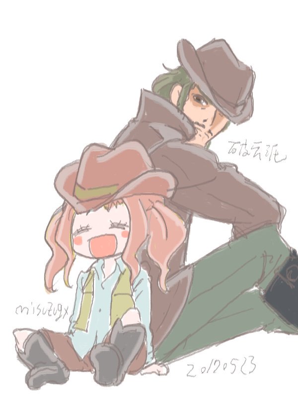 1boy, 1girl, brown_hair, el_cazador_de_la_bruja, hat, lirio, pink_hair, ricardo, smile, text_focus