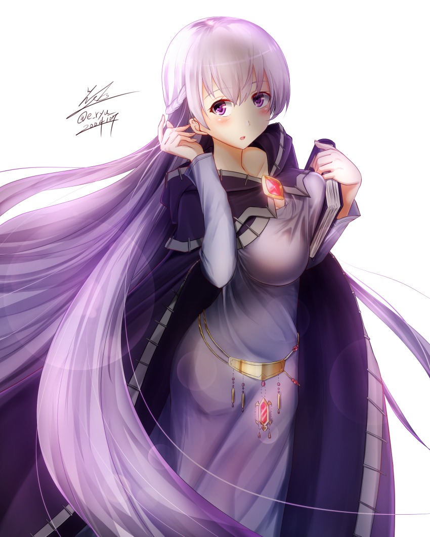 1girl, absurdly_long_hair, absurdres, belly_chain, blue_dress, blush, breasts, cape