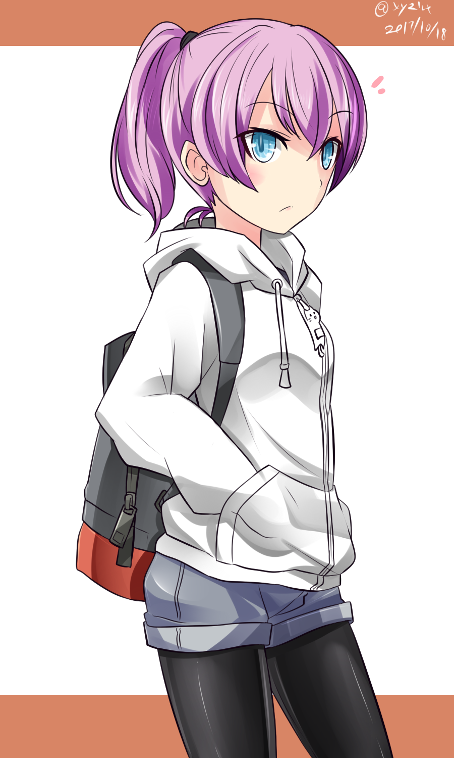 1girl, backpack, bag, black_pantyhose, blue_eyes, blush, casual, cat_zipper