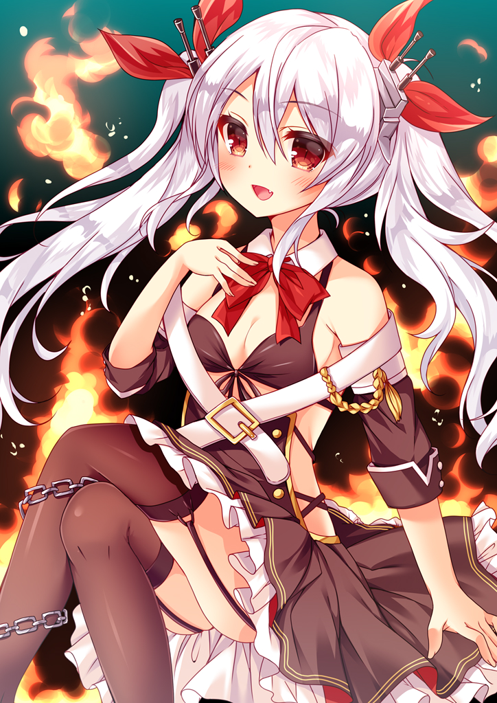 1girl, azur_lane, black_thighhighs, blush, breasts, chain, detached_collar, detached_sleeves