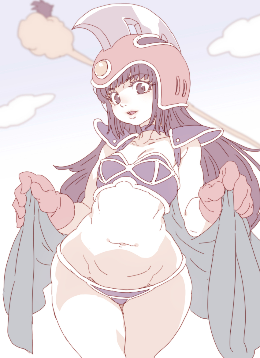 1boy, 1girl, armor, bikini, bikini_armor, black_eyes, black_hair, blue_sky