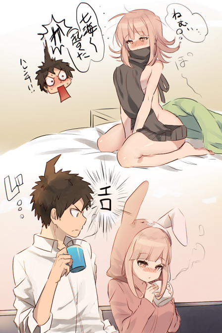 1boy, 1girl, ahoge, animal_hood, bad_id, bad_pixiv_id, bare_back, bare_shoulders, blush, breasts, coffee_mug, covered_erect_nipples, cup, danganronpa_(series), danganronpa_2:_goodbye_despair, drawstring, dress, dress_shirt, flipped_hair, halterneck, hinata_hajime, hood, ks_(kshm), large_breasts, looking_down, mug, naked_sweater, nanami_chiaki, on_bed, pink_hair, rabbit_hood, ribbed_sweater, shirt, sideboob, sitting, sleepy, sweater, sweater_dress, turtleneck, turtleneck_sweater, virgin_killer_sweater, wariza