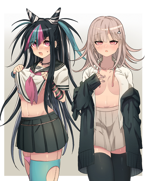 2girls, ascot, bad_id, bad_pixiv_id, black_hair, breasts, brown_skirt, clothes_lift, collarbone, danganronpa_(series), danganronpa_2:_goodbye_despair, hair_horns, hood, hoodie, jewelry, ks_(kshm), large_breasts, long_hair, medium_hair, mioda_ibuki, multicolored_hair, multiple_girls, nanami_chiaki, navel, necklace, off_shoulder, open_clothes, open_shirt, pink_eyes, pink_hair, pleated_skirt, school_uniform, serafuku, shirt, shirt_lift, skirt, streaked_hair, thighhighs