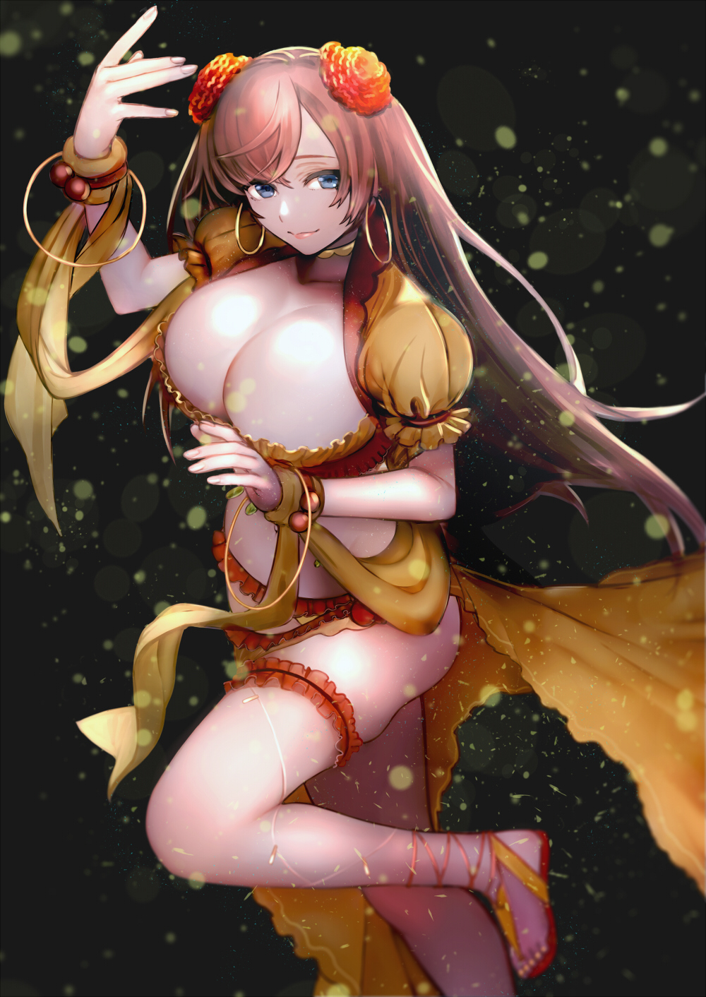 1girl, bangle, black_background, blue_eyes, blush, bracelet, breasts, brown_hair