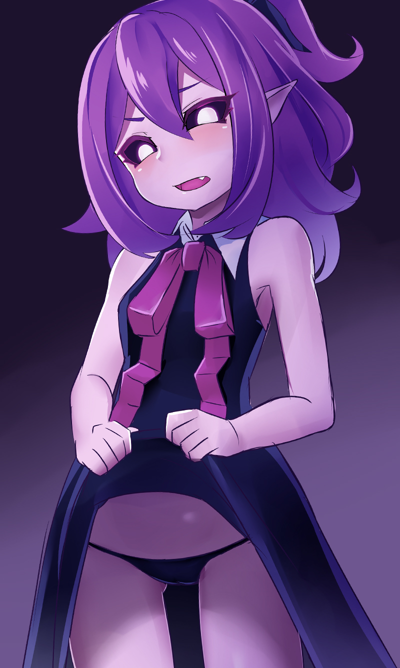 1girl, black_panties, black_sclera, blush, bow, bowtie, clothes_lift, colored_sclera