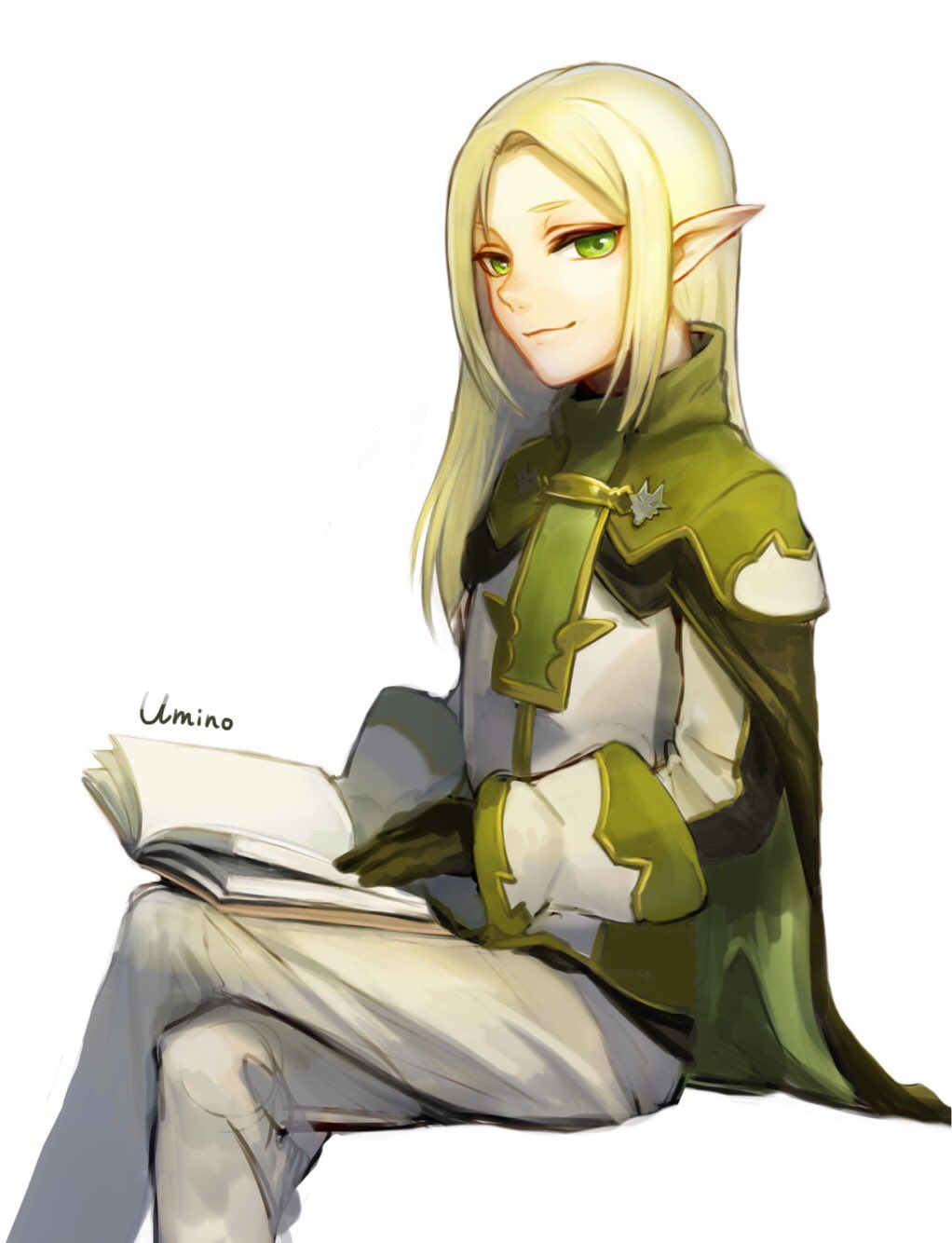 1boy, artist_name, bishounen, blonde_hair, book, elf, erik_burton, gloves, green_eyes, highres, long_hair, looking_at_viewer, male_focus, pointy_ears, pop-up_story, simple_background, smile, solo, umino_kiri, white_background