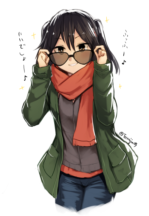 adjusting_eyewear, alternate_costume, artist_name, blue_legwear, brown_eyes, brown_hair, brown_vest, coat