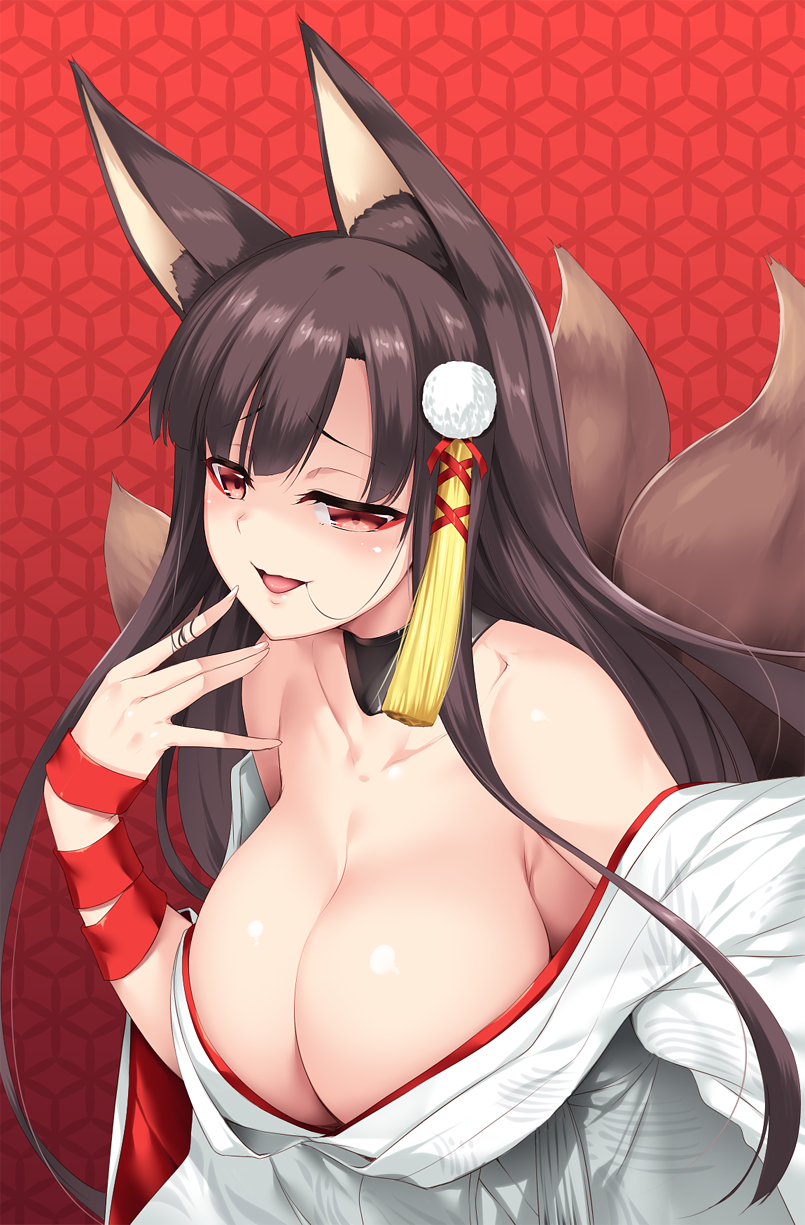 1girl, akagi_(azur_lane), akagi_(deep_crimson_poppy)_(azur_lane), animal_ears, azur_lane, bare_shoulders, black_hair, blush, breasts, cleavage, collarbone, female_focus, fox_ears, fox_tail, hair_ornament, hand_up, highres, japanese_clothes, kimono, kitsune, kyuubi, large_breasts, long_hair, looking_at_viewer, multiple_tails, nakano_sora, official_alternate_costume, open_mouth, red_eyes, smile, solo, straight_hair, tail, upper_body, white_kimono