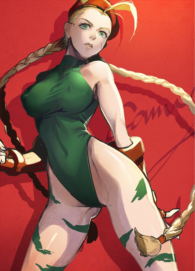 1girl, amg_(nwmnmllf), bare_shoulders, blonde_hair, braid, breasts, cammy_white, covered_erect_nipples, covered_navel, cowboy_shot, facial_scar, female_focus, fingerless_gloves, gloves, gluteal_fold, green_eyes, green_leotard, hat, large_breasts, legs_apart, leotard, lips, long_hair, looking_at_viewer, orange_gloves, parted_lips, red_background, red_hat, scar, scar_on_cheek, scar_on_face, solo, standing, street_fighter, street_fighter_ii_(series), twin_braids, very_long_hair
