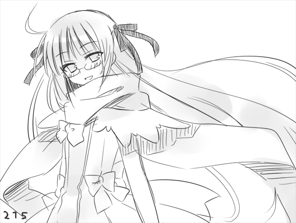 00s, 1girl, ahoge, blush, bow, female_focus, glasses, greyscale, hair_ribbon, long_hair, mahou_sensei_negima!, monochrome, ribbon, scarf, simple_background, sketch, smile, solo, sword, tsukuyomi_(negima), very_long_hair, weapon