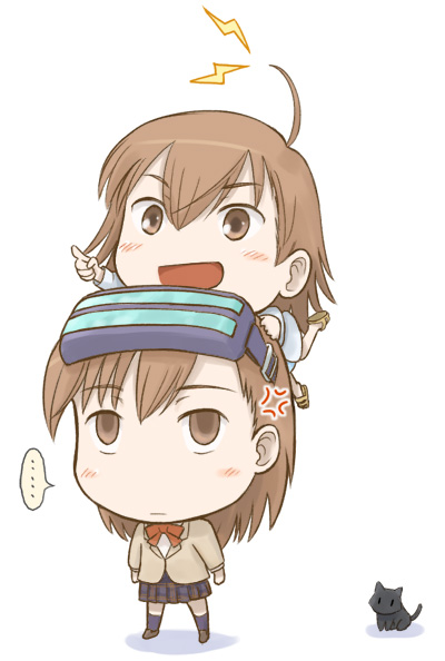 00s, 2girls, ahoge, brown_eyes, brown_hair, cat, chibi, denden