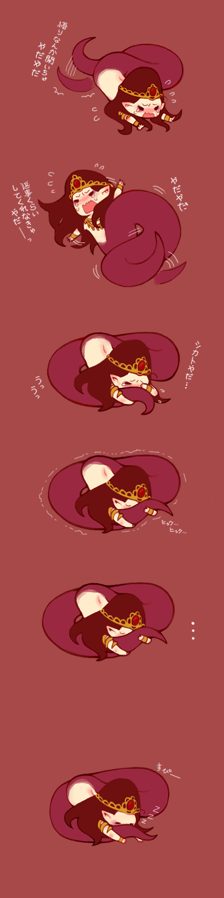 1girl, black_eyes, black_hair, blush, bracelet, comic, commentary_request, d:, flying_sweatdrops, gem, highres, hugging_own_tail, hugging_tail, jewelry, lamia, long_hair, long_image, mara_(saint_onii-san), monster_girl, open_mouth, red_background, saint_onii-san, simple_background, sleeping, taharu_(papiyas), tail, tall_image, tears, tiara, yada_yada