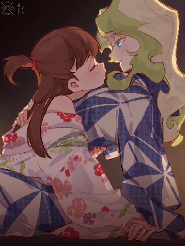 2girls, alternate_costume, arm_around_another's_waist, blonde_hair, blue_eyes, blush, brown_hair, closed_eyes