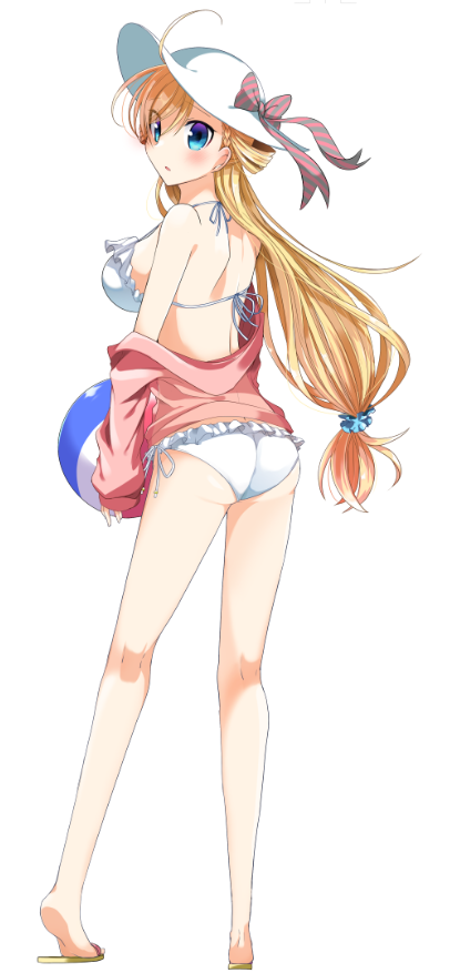 1girl, araragi_ayune, ass, ball, barefoot, beachball, bikini, blonde_hair